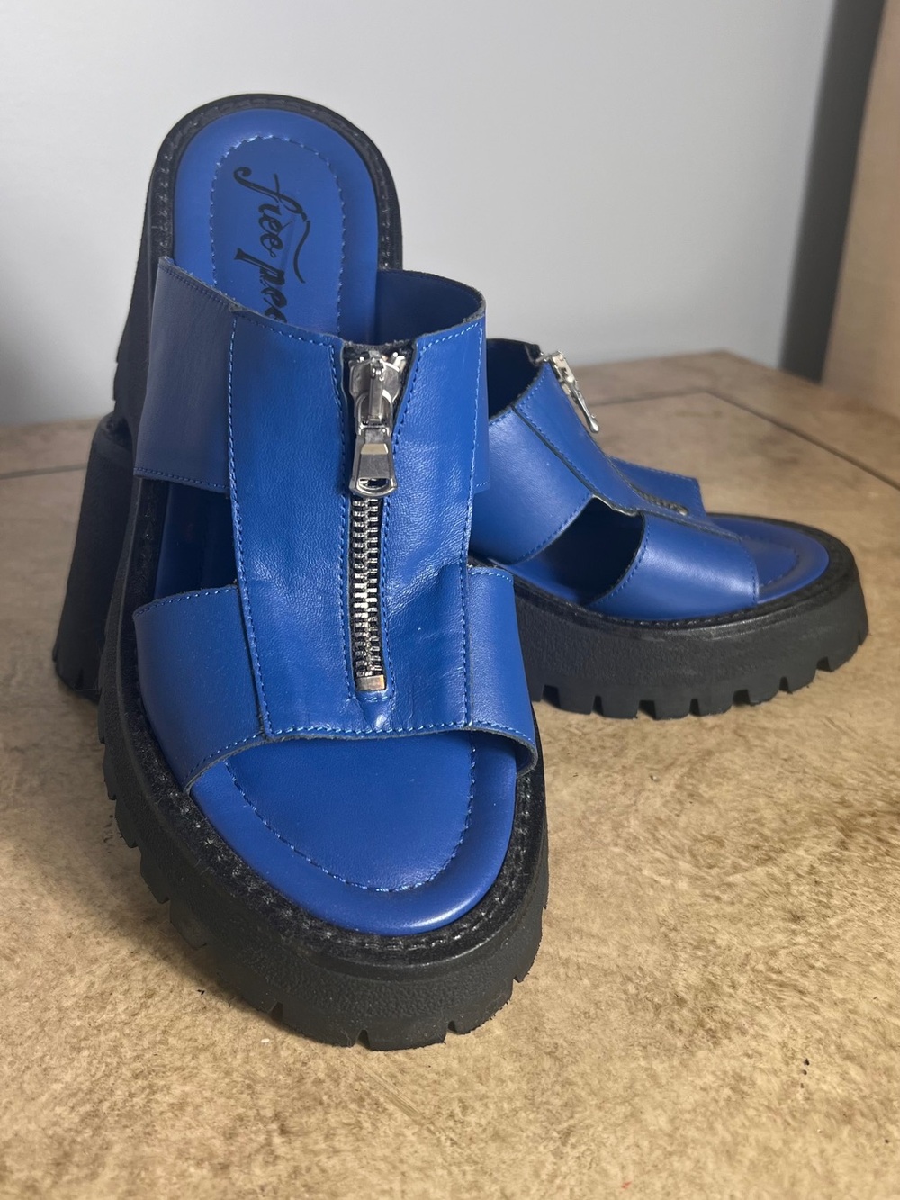 Free People Wishbone Blue Zip-Front Platform Slide Sandals - Women